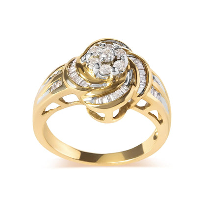 10K Yellow Gold 1/2 Cttw Round and Baguette Diamond Flower Swirl Cocktail Ring (I - J Color, SI2 - I1 Clarity) - Jaazi Intl