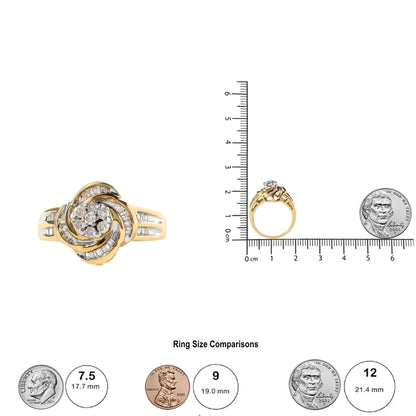 10K Yellow Gold 1/2 Cttw Round and Baguette Diamond Flower Swirl Cocktail Ring (I - J Color, SI2 - I1 Clarity) - Jaazi Intl