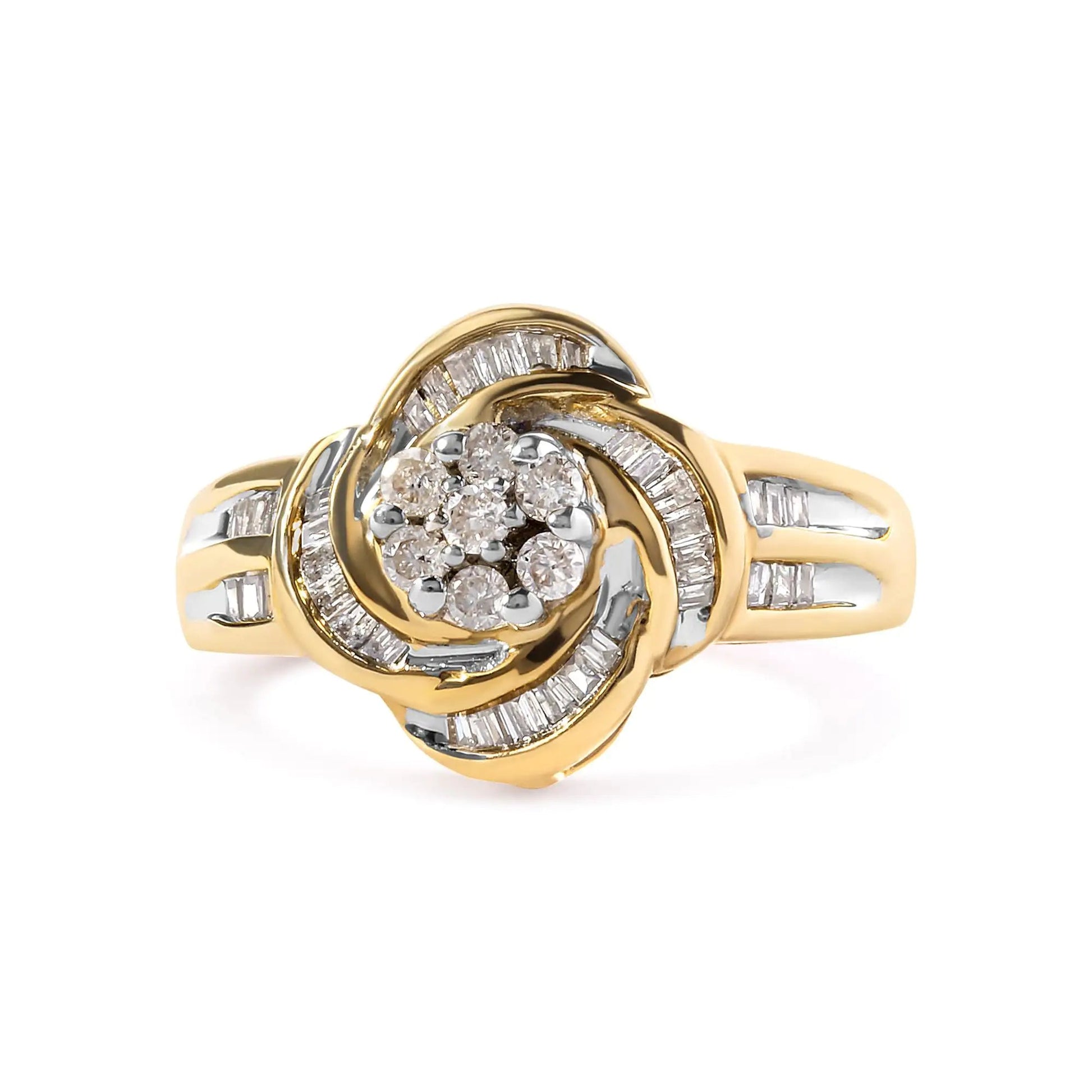 10K Yellow Gold 1/2 Cttw Round and Baguette Diamond Flower Swirl Cocktail Ring (I - J Color, SI2 - I1 Clarity) - Jaazi Intl