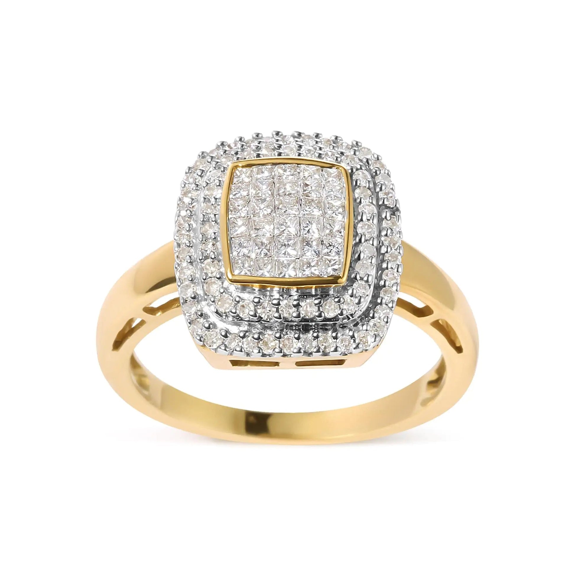 10K Yellow Gold 1/2 cttw Round and Princess Diamond Composite Head and Halo Ring (H - I Color, SI1 - SI2 Clarity) - Jaazi Intl