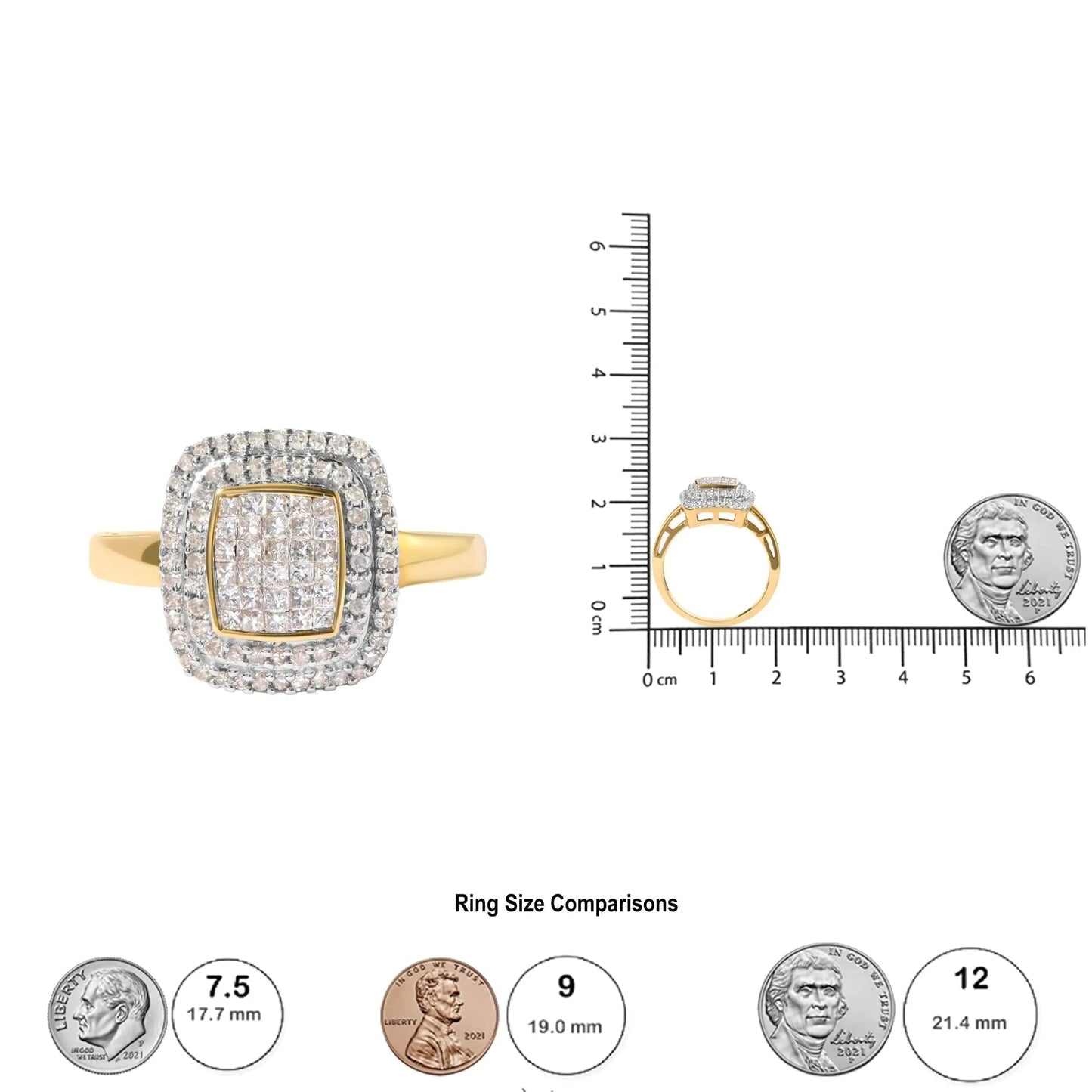 10K Yellow Gold 1/2 cttw Round and Princess Diamond Composite Head and Halo Ring (H - I Color, SI1 - SI2 Clarity) - Jaazi Intl