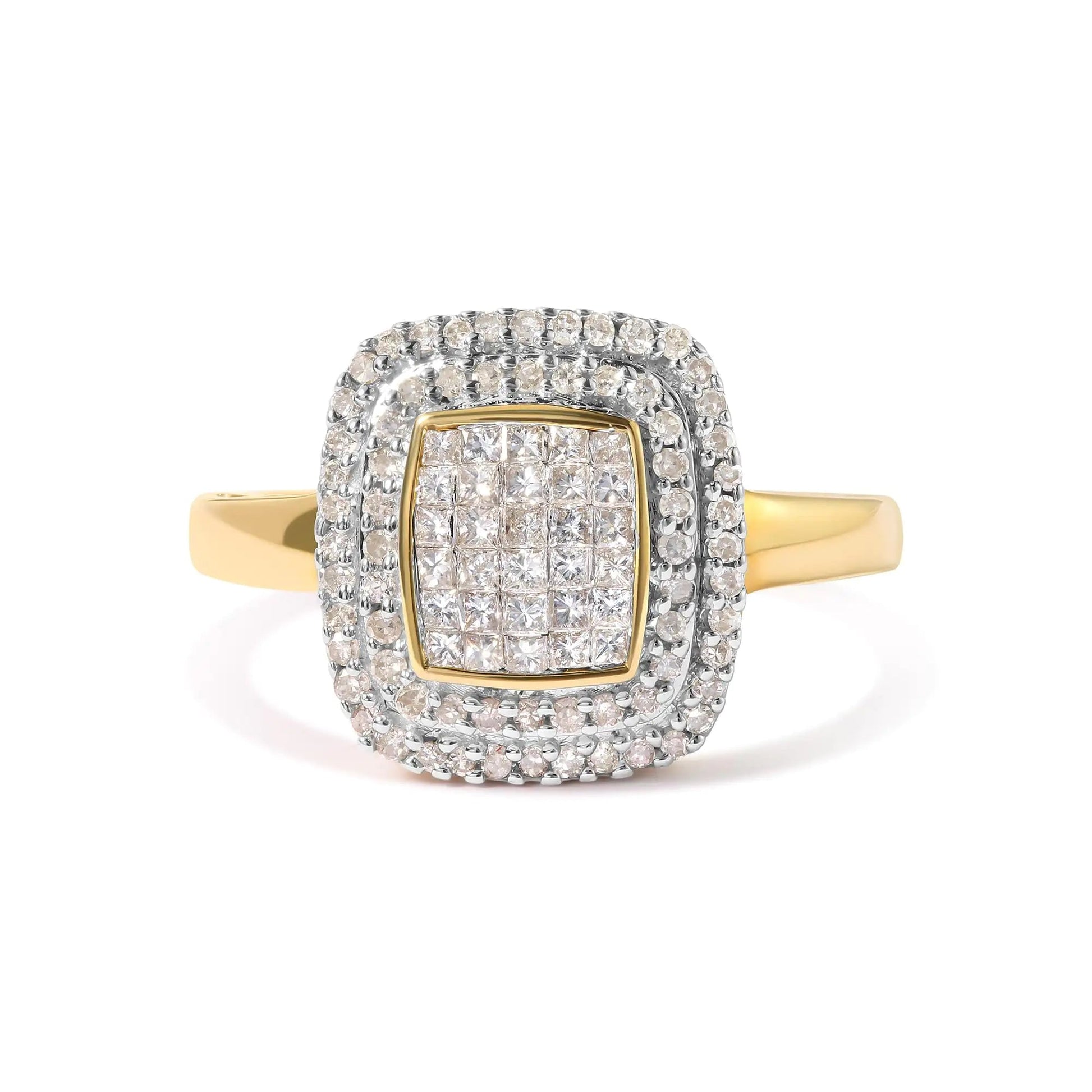 10K Yellow Gold 1/2 cttw Round and Princess Diamond Composite Head and Halo Ring (H - I Color, SI1 - SI2 Clarity) - Jaazi Intl