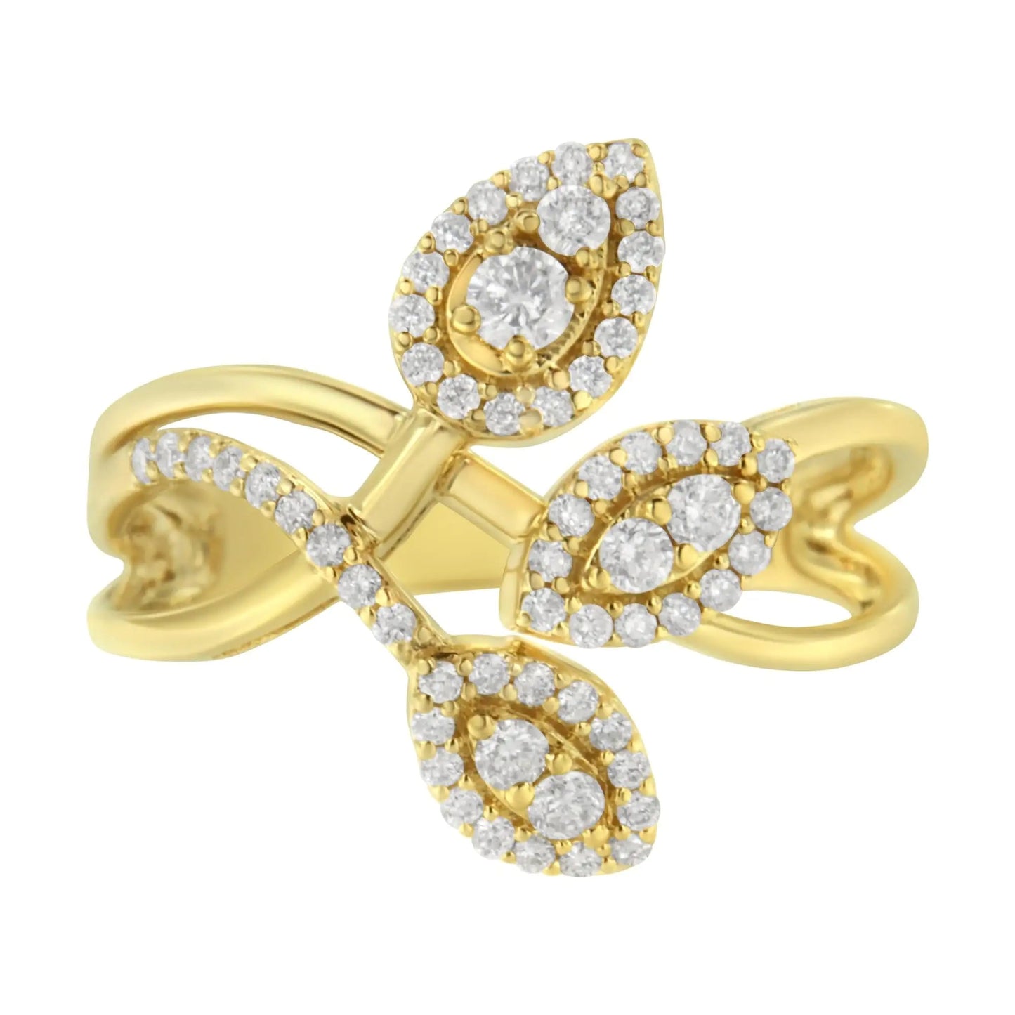 10K Yellow Gold 1/2 Cttw Round - Cut Diamond Layered Crossover Triple Leaf Bypass Ring (I - J Color, I1 - I2 Clarity) - Jaazi Intl