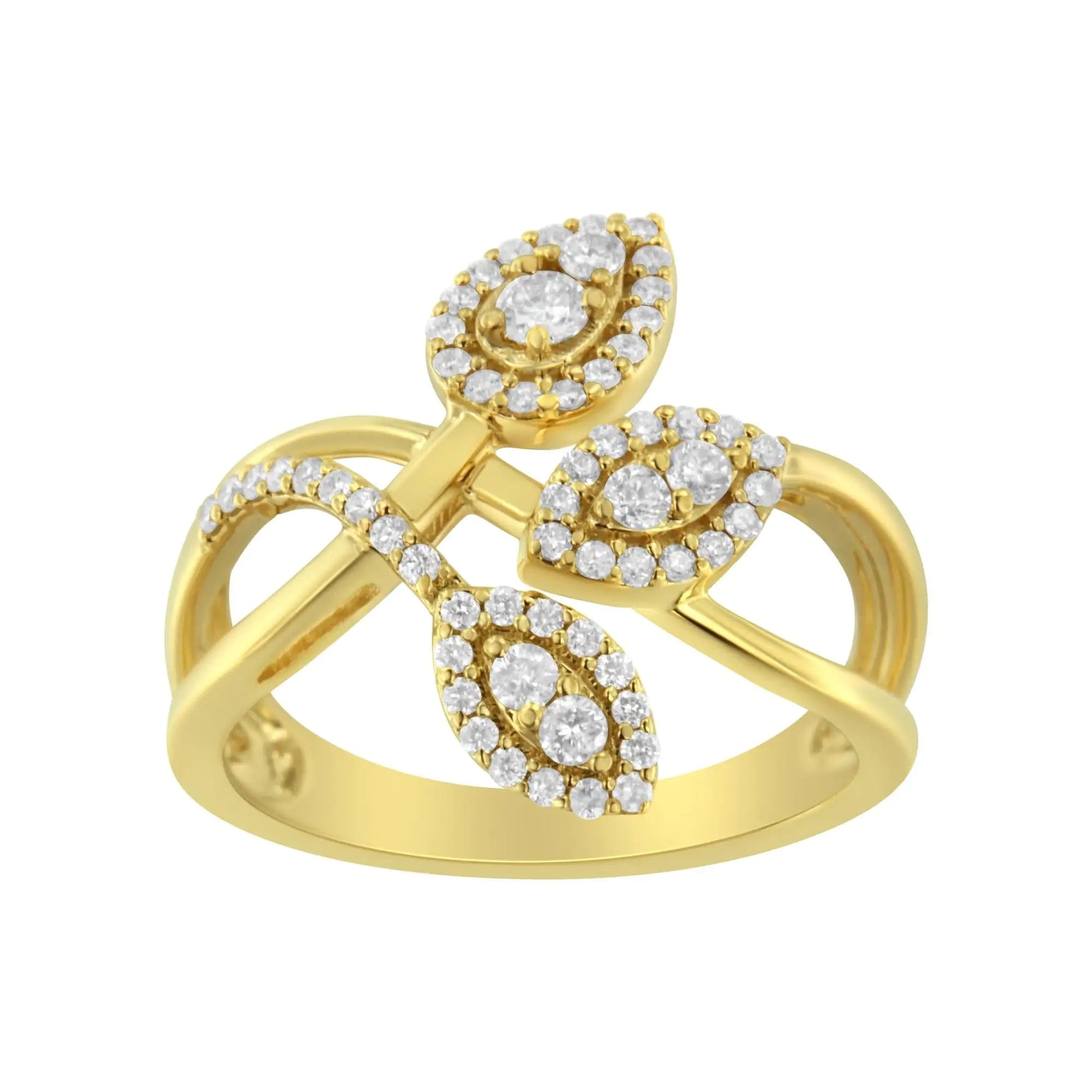 10K Yellow Gold 1/2 Cttw Round - Cut Diamond Layered Crossover Triple Leaf Bypass Ring (I - J Color, I1 - I2 Clarity) - Jaazi Intl