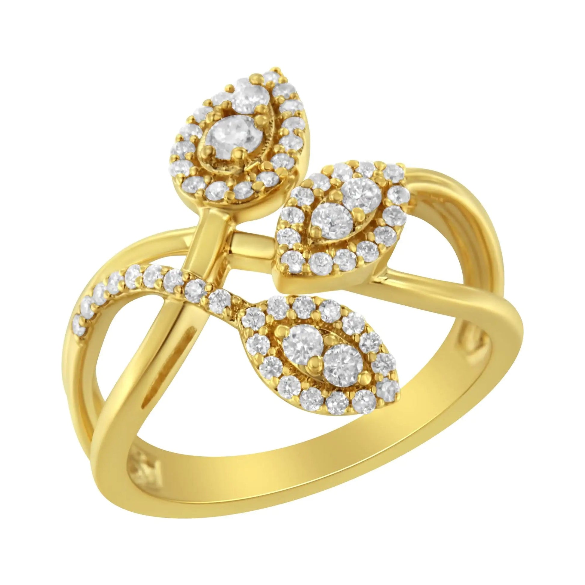 10K Yellow Gold 1/2 Cttw Round - Cut Diamond Layered Crossover Triple Leaf Bypass Ring (I - J Color, I1 - I2 Clarity) - Jaazi Intl