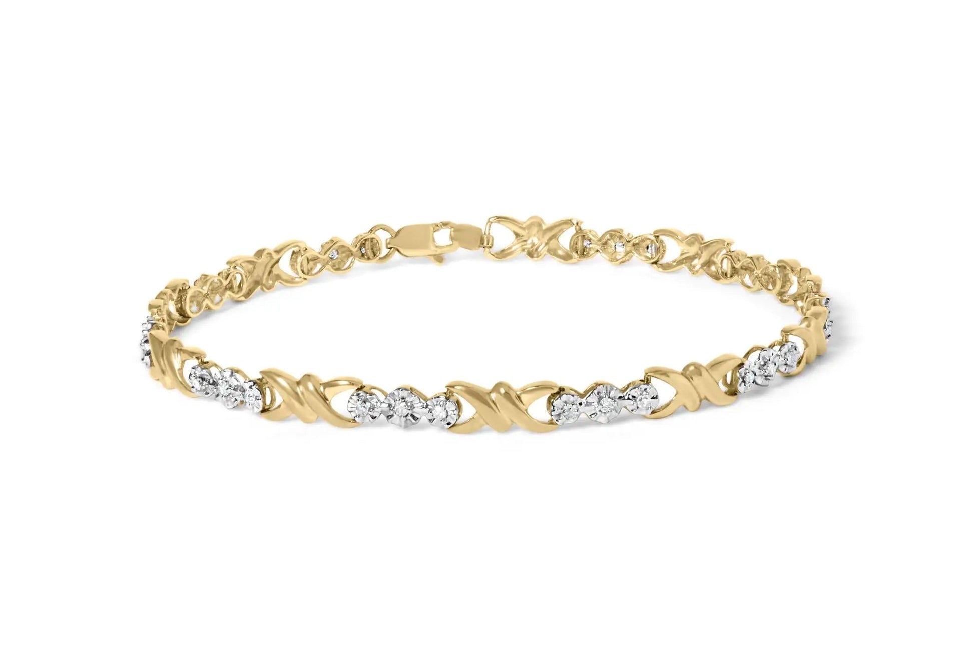 10k Yellow Gold 1/3 Cttw Diamond 3 Stone and X - Link Bracelet (I - J Color, I1 - I2 Clarity) - 7.50" Inches - Jaazi Intl