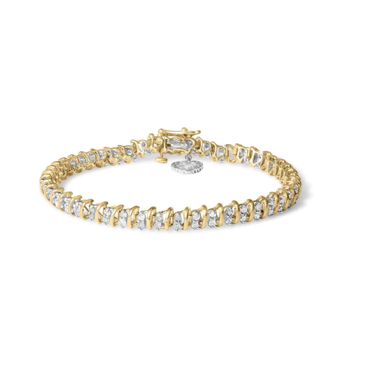 10K Yellow Gold 2.0 Cttw Diamond 2 Row Link and Heart Charm 7" Link Bracelet (I - J Color, I3 Clarity) - Jaazi Intl