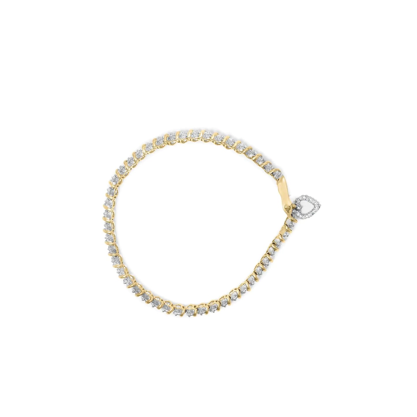 10K Yellow Gold 2.0 Cttw Diamond 2 Row Link and Heart Charm 7" Link Bracelet (I - J Color, I3 Clarity) - Jaazi Intl