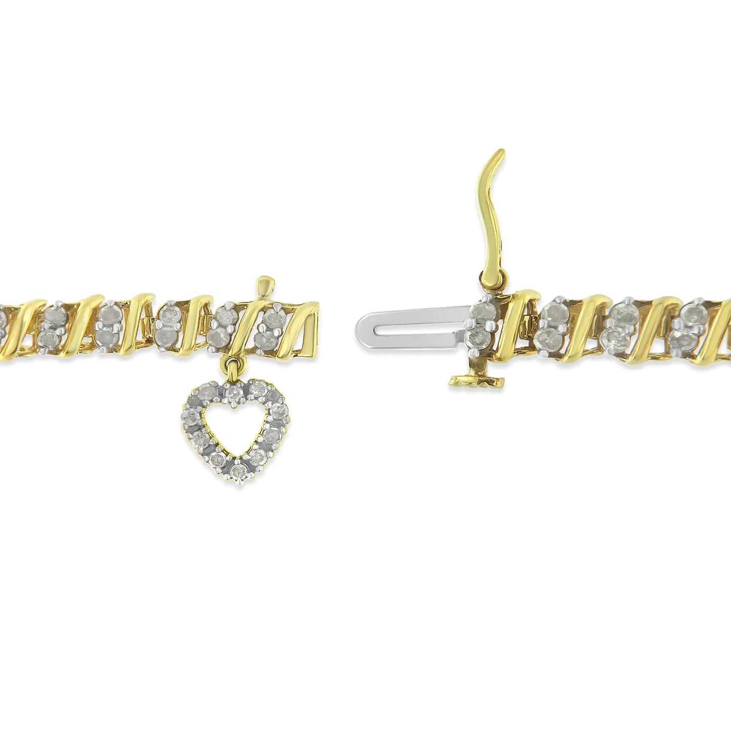 10K Yellow Gold 2.0 Cttw Diamond 2 Row Link and Heart Charm 7" Link Bracelet (I - J Color, I3 Clarity) - Jaazi Intl