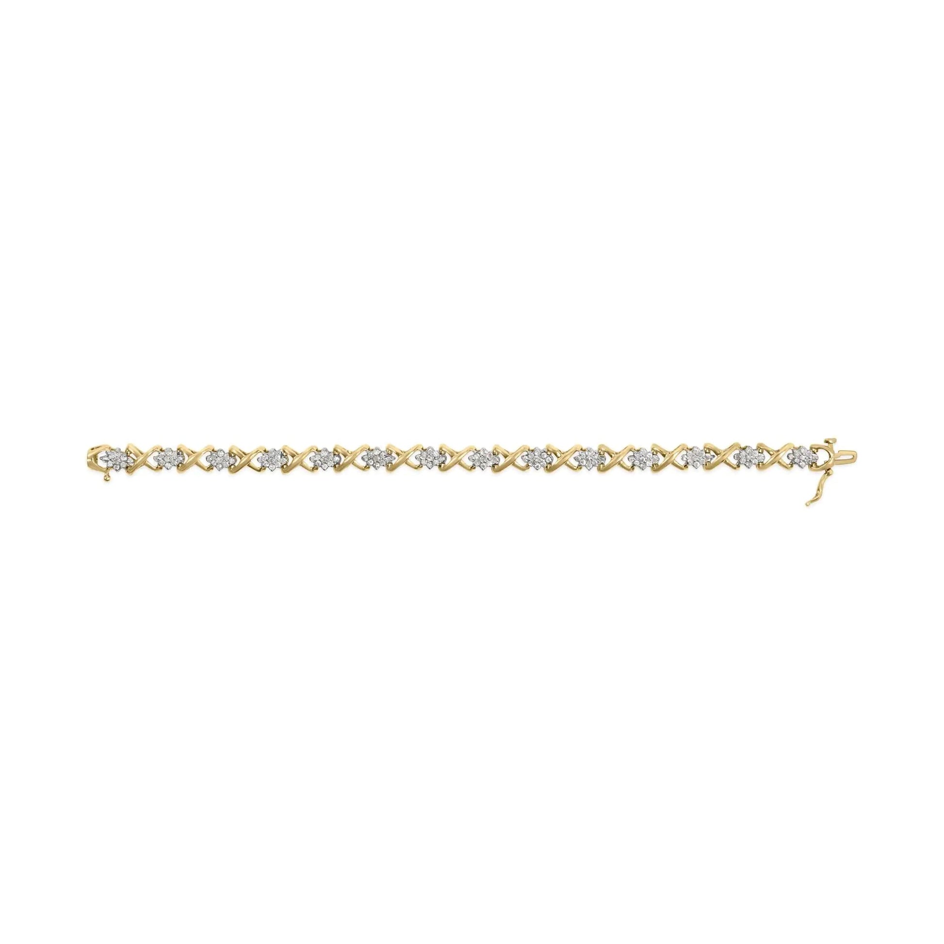 10k Yellow Gold 2.00 Cttw Diamond Cluster and Alternating "X" Link Bracelet (I - J Color, I3 Clarity) - 7" - Jaazi Intl