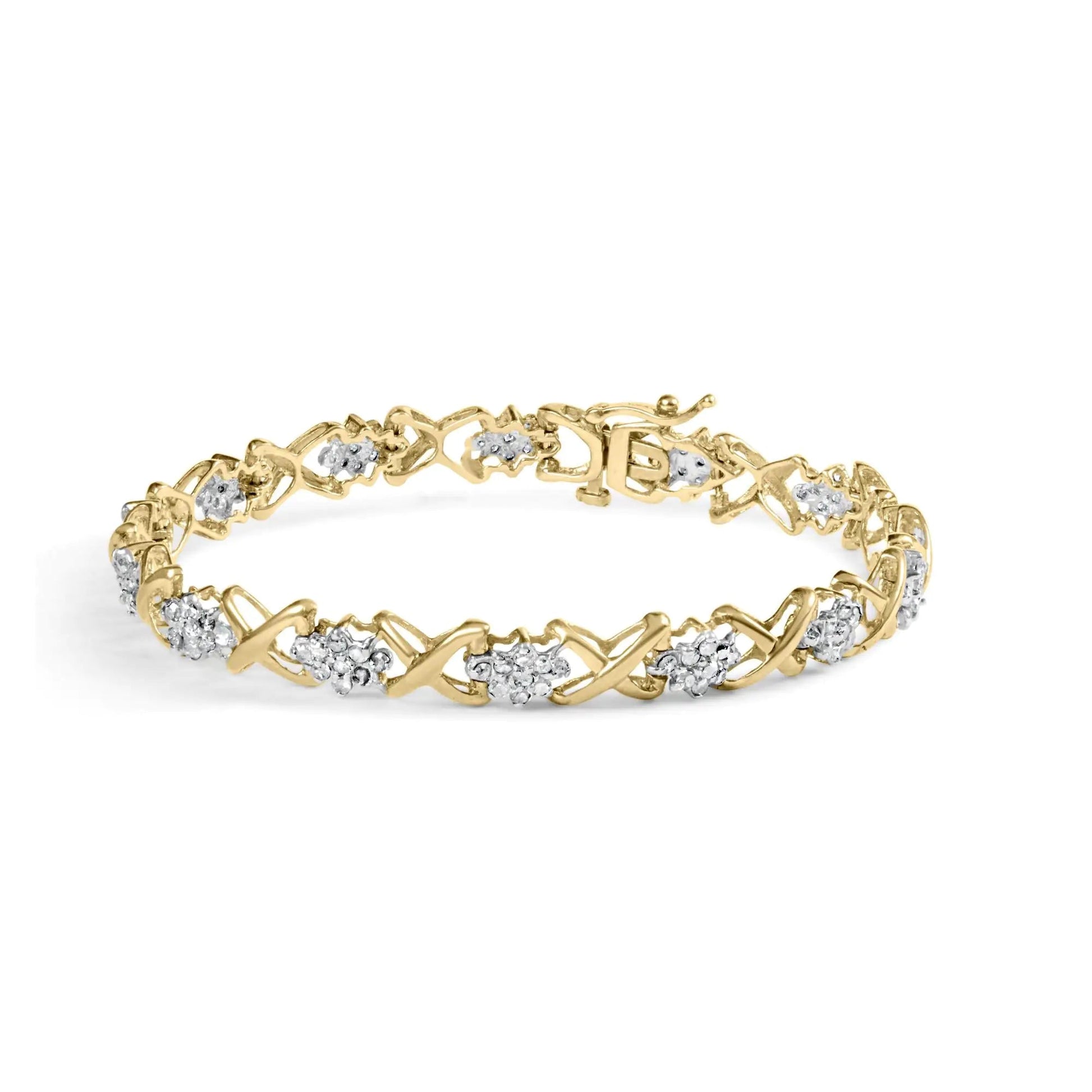 10k Yellow Gold 2.00 Cttw Diamond Cluster and Alternating "X" Link Bracelet (I - J Color, I3 Clarity) - 7" - Jaazi Intl