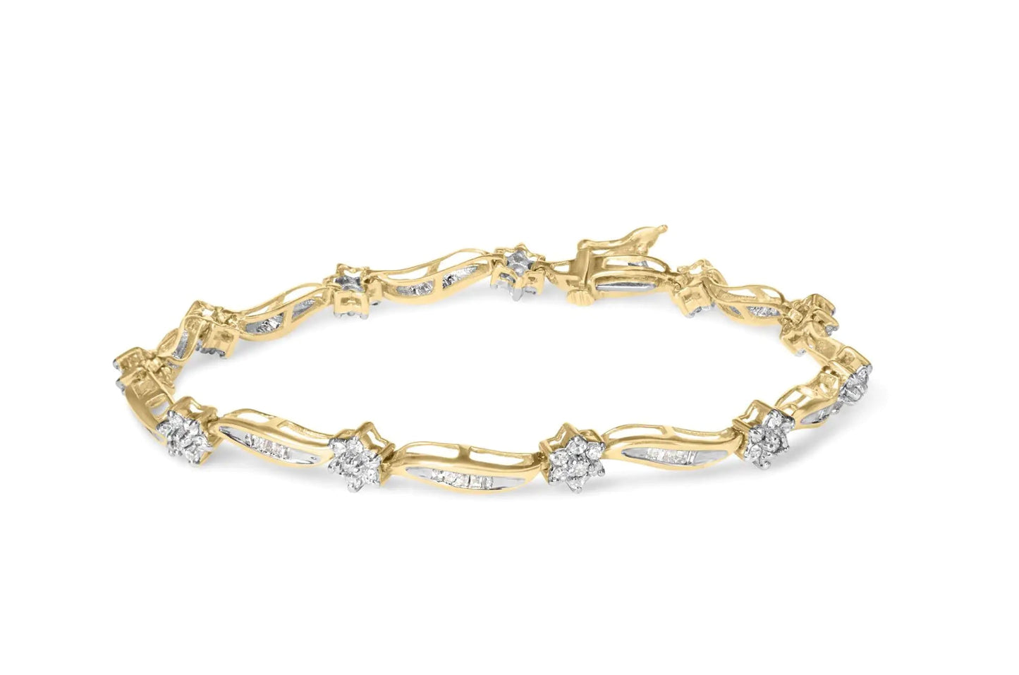 10K Yellow Gold 2.00 Cttw Round - Cut and Baguette - Cut Floral Design Swirl Link 7.5" Bracelet (H - I Color, I2 - I3 Clarity) - Jaazi Intl