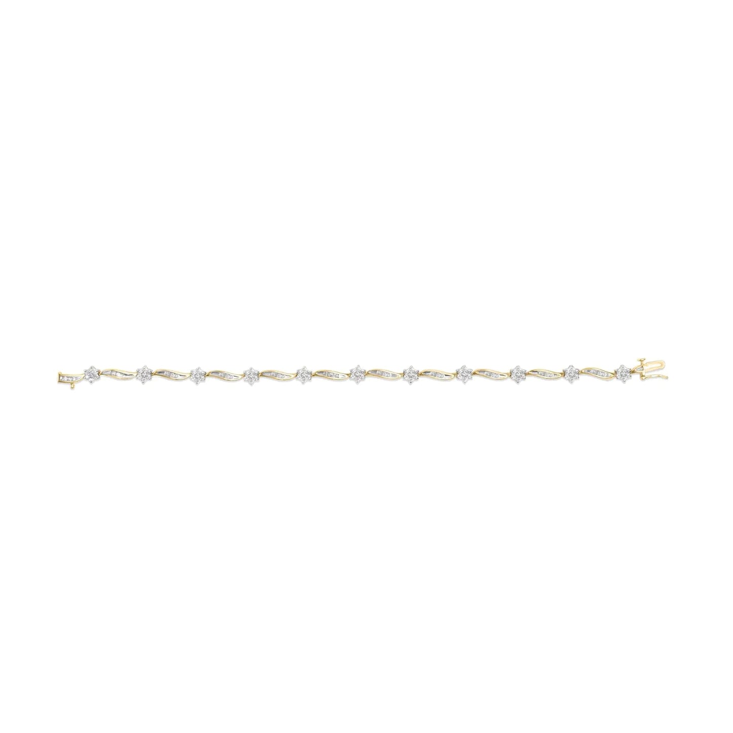 10K Yellow Gold 2.00 Cttw Round - Cut and Baguette - Cut Floral Design Swirl Link 7.5" Bracelet (H - I Color, I2 - I3 Clarity) - Jaazi Intl