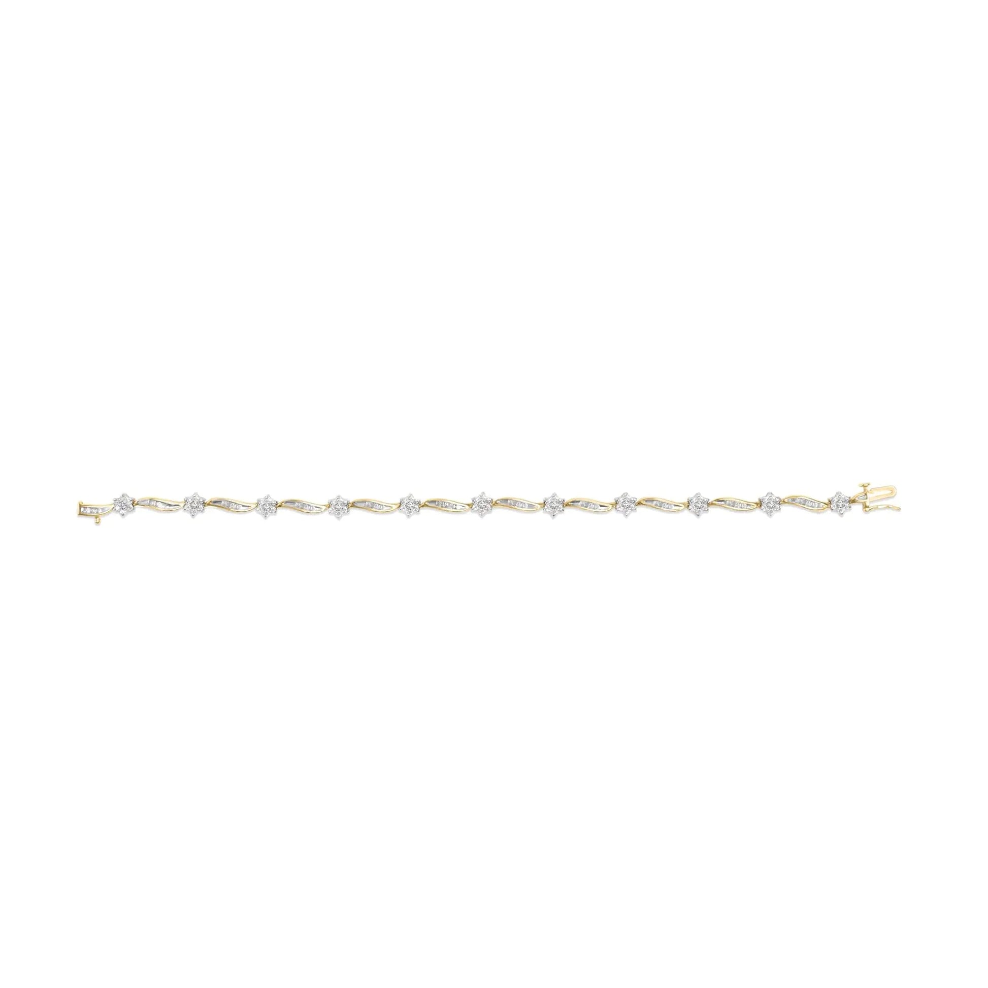 10K Yellow Gold 2.00 Cttw Round - Cut and Baguette - Cut Floral Design Swirl Link 7.5" Bracelet (H - I Color, I2 - I3 Clarity) - Jaazi Intl