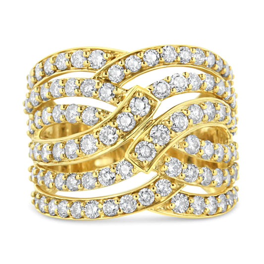 10K Yellow Gold 3.00 Cttw Diamond Multi Row Bypass Wave Cocktail Band Ring (J - K Color, I1 - I2 Clarity) - Jaazi Intl