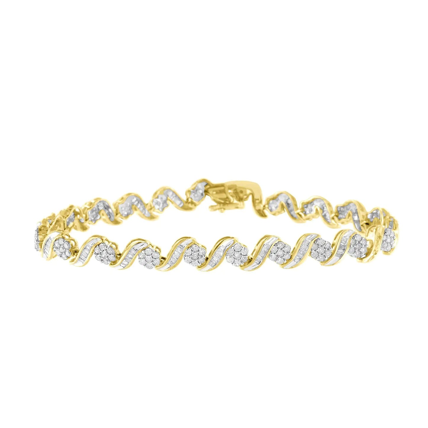 10k Yellow Gold 3.00 Cttw Round - Cut and Baguette - Cut Diamond Floral Link 7.50" Bracelet (J - K Color, I1 - I2 Clarity) - Jaazi Intl