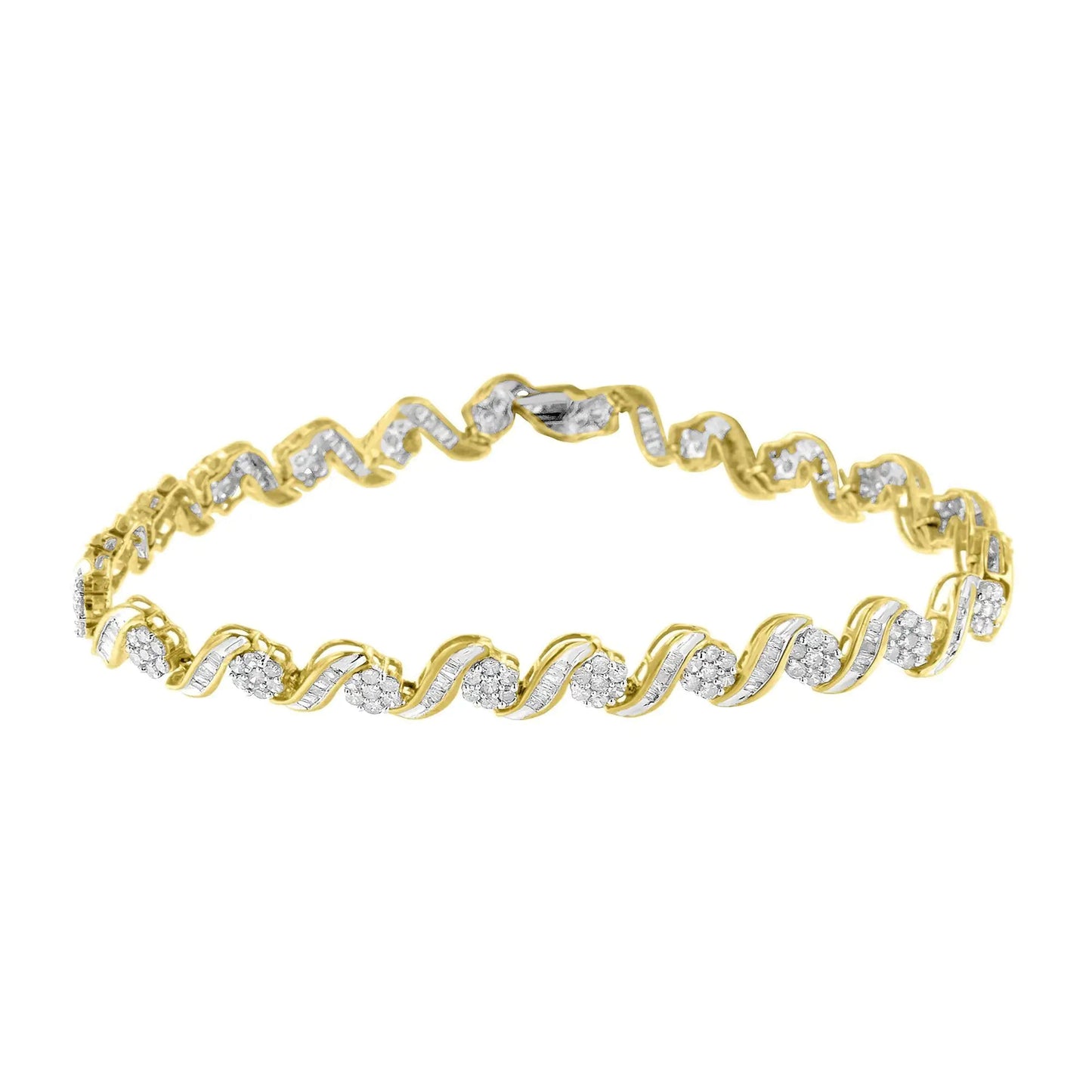 10k Yellow Gold 3.00 Cttw Round - Cut and Baguette - Cut Diamond Floral Link 7.50" Bracelet (J - K Color, I1 - I2 Clarity) - Jaazi Intl