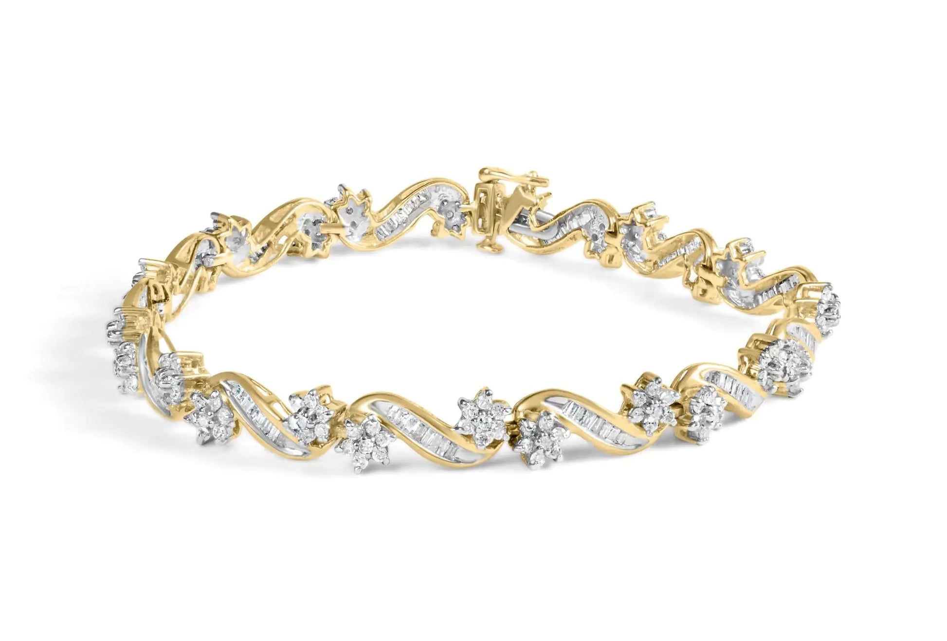 10k Yellow Gold 3.00 Cttw Round - Cut and Baguette - Cut Floral Link 7.25" Bracelet (I - J Color, I1 - I2 Clarity) - Jaazi Intl