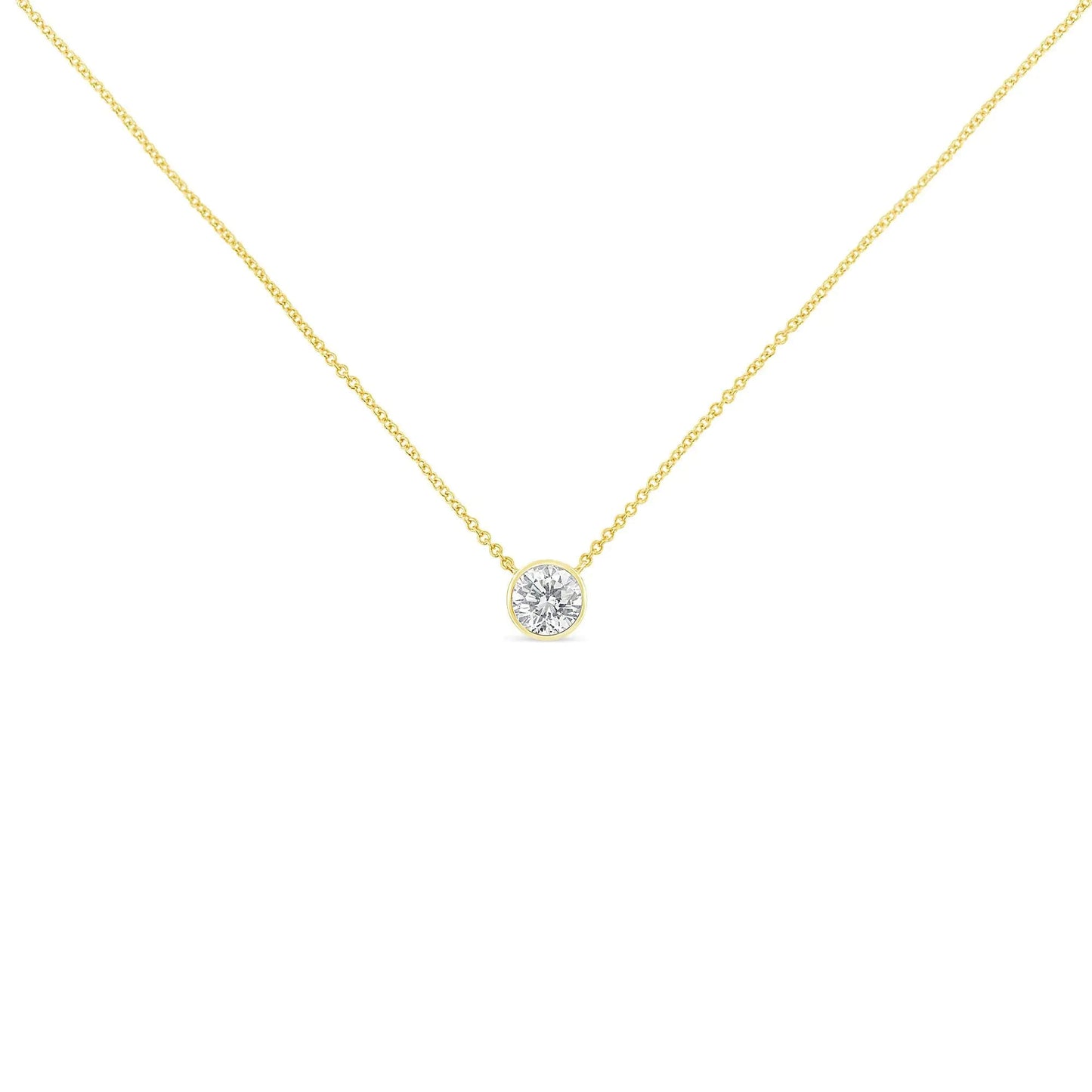 10K Yellow Gold 3/10 Carat Round Brilliant - Cut Diamond Modern Bezel - Set Solitaire 16" - 18" Pendant Necklace (H - I Color, SI2 - I1 Clarity) - Jaazi Intl