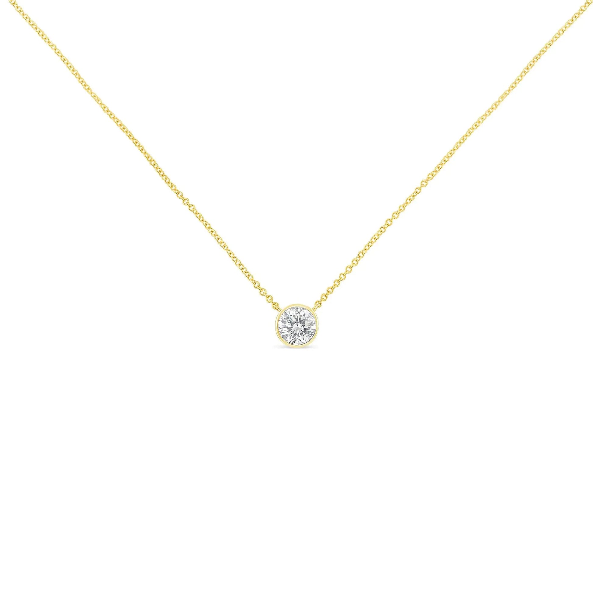 10K Yellow Gold 3/10 Carat Round Brilliant - Cut Diamond Modern Bezel - Set Solitaire 16" - 18" Pendant Necklace (H - I Color, SI2 - I1 Clarity) - Jaazi Intl