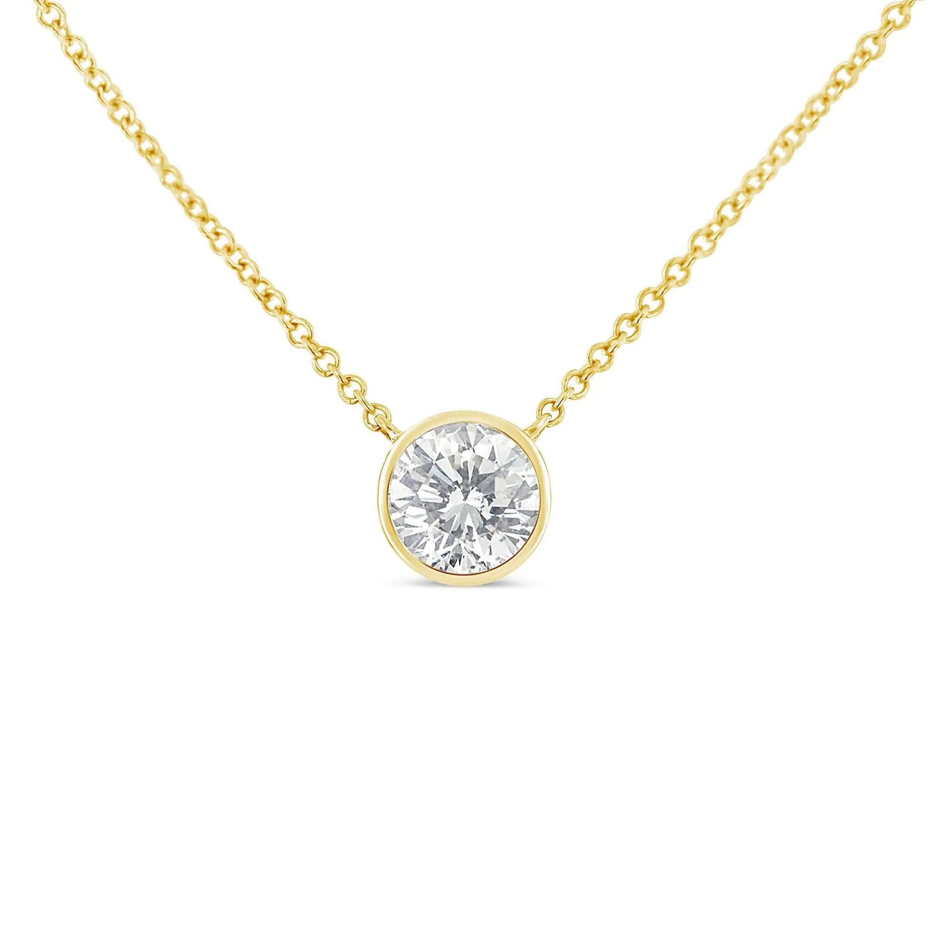 10K Yellow Gold 3/10 Carat Round Brilliant - Cut Diamond Modern Bezel - Set Solitaire 16" - 18" Pendant Necklace (H - I Color, SI2 - I1 Clarity) - Jaazi Intl