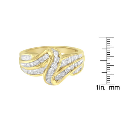 10K Yellow Gold 3/4 Cttw Channel Set Round and Baguette - cut Diamond Double Shank Bypass Ring (J - K Color, I1 - I2 Clarity) - Jaazi Intl