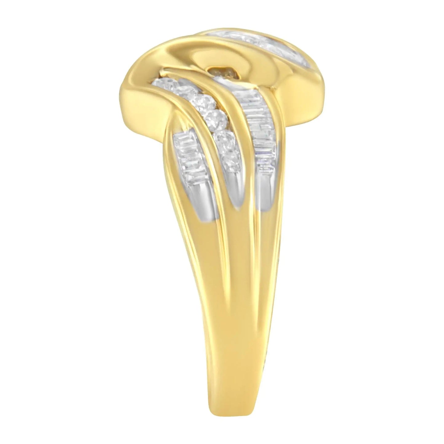 10K Yellow Gold 3/4 Cttw Channel Set Round and Baguette - cut Diamond Double Shank Bypass Ring (J - K Color, I1 - I2 Clarity) - Jaazi Intl