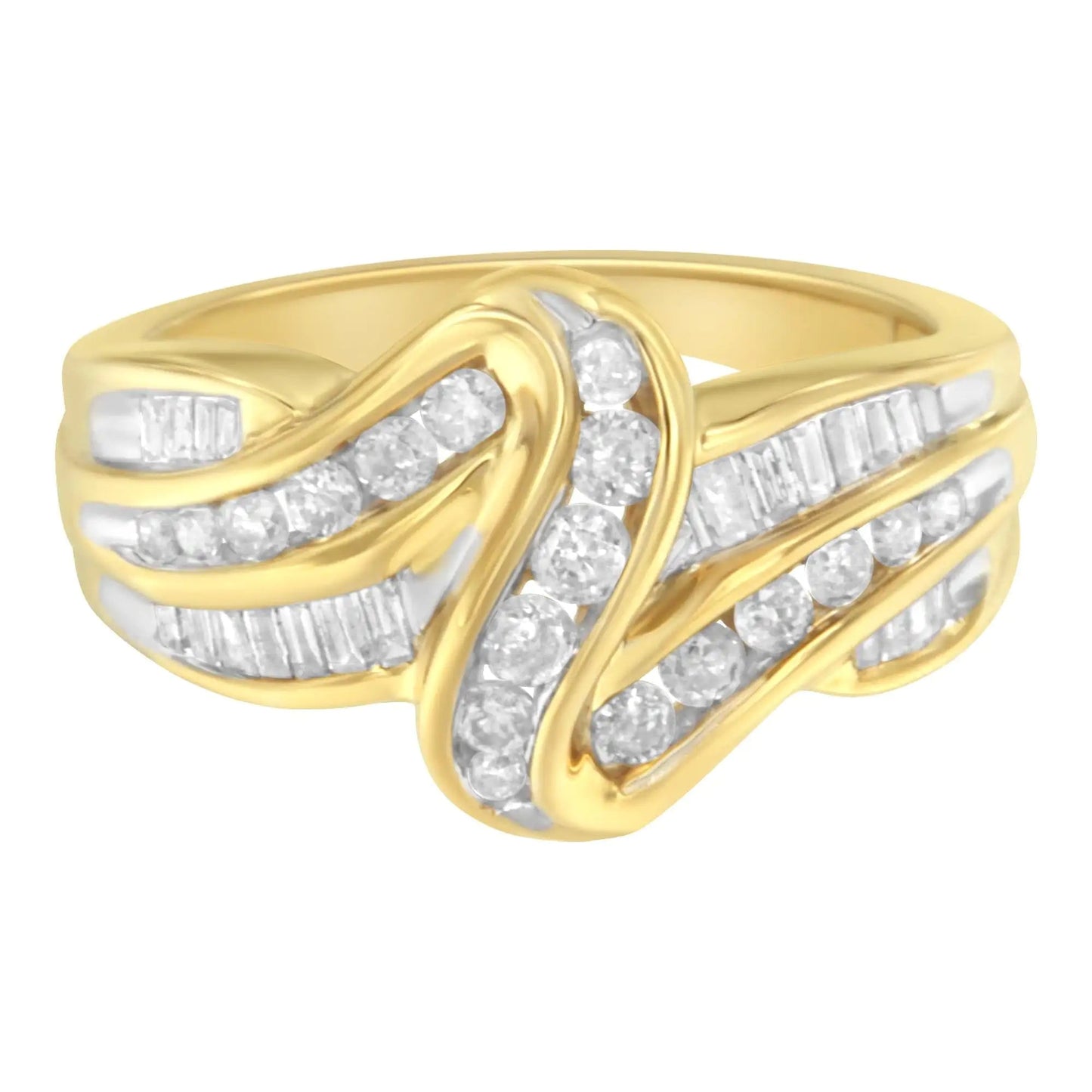 10K Yellow Gold 3/4 Cttw Channel Set Round and Baguette - cut Diamond Double Shank Bypass Ring (J - K Color, I1 - I2 Clarity) - Jaazi Intl