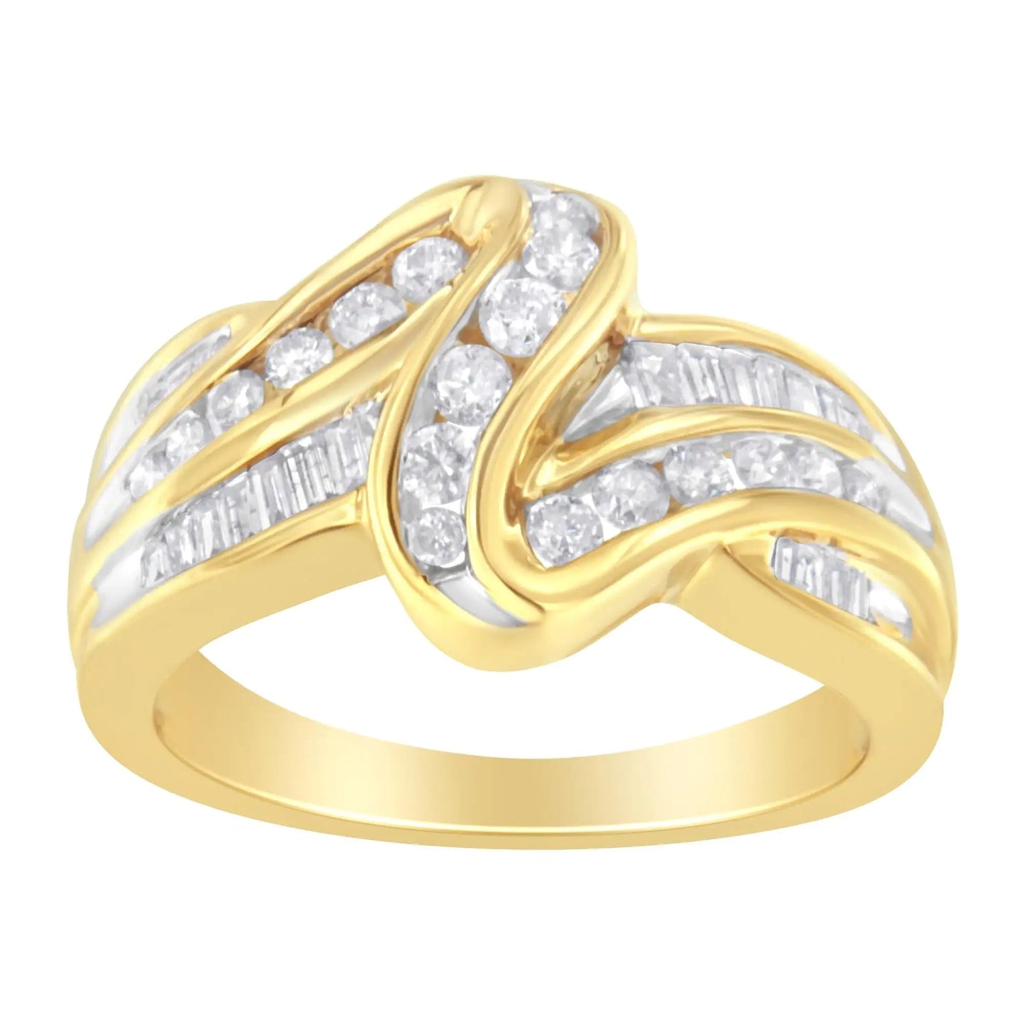 10K Yellow Gold 3/4 Cttw Channel Set Round and Baguette - cut Diamond Double Shank Bypass Ring (J - K Color, I1 - I2 Clarity) - Jaazi Intl