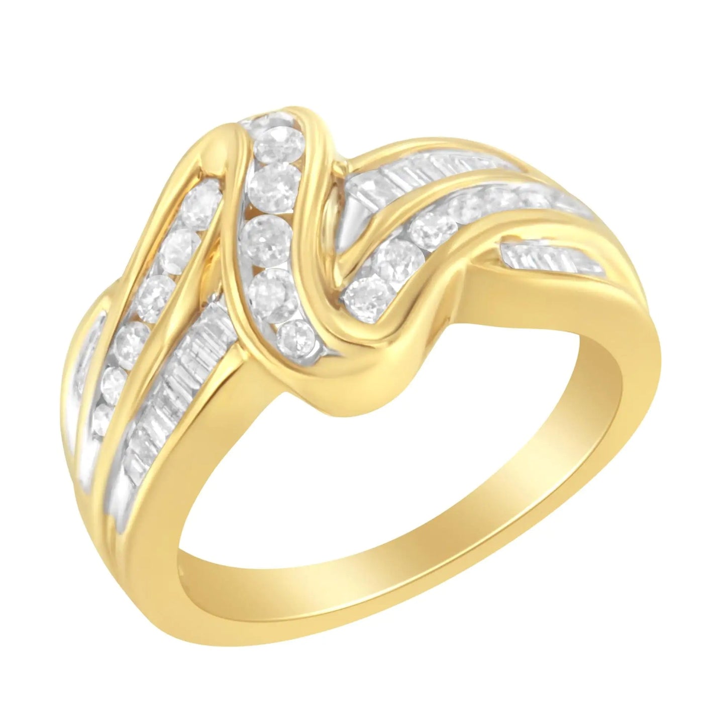 10K Yellow Gold 3/4 Cttw Channel Set Round and Baguette - cut Diamond Double Shank Bypass Ring (J - K Color, I1 - I2 Clarity) - Jaazi Intl