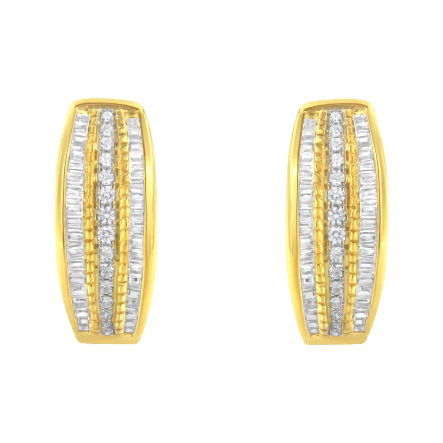 10K Yellow Gold 3/4 Cttw Pave and Channel Set Diamond Triple Row Modern Hoop Earrings (I - J Color, I2 - I3 Clarity) - Jaazi Intl