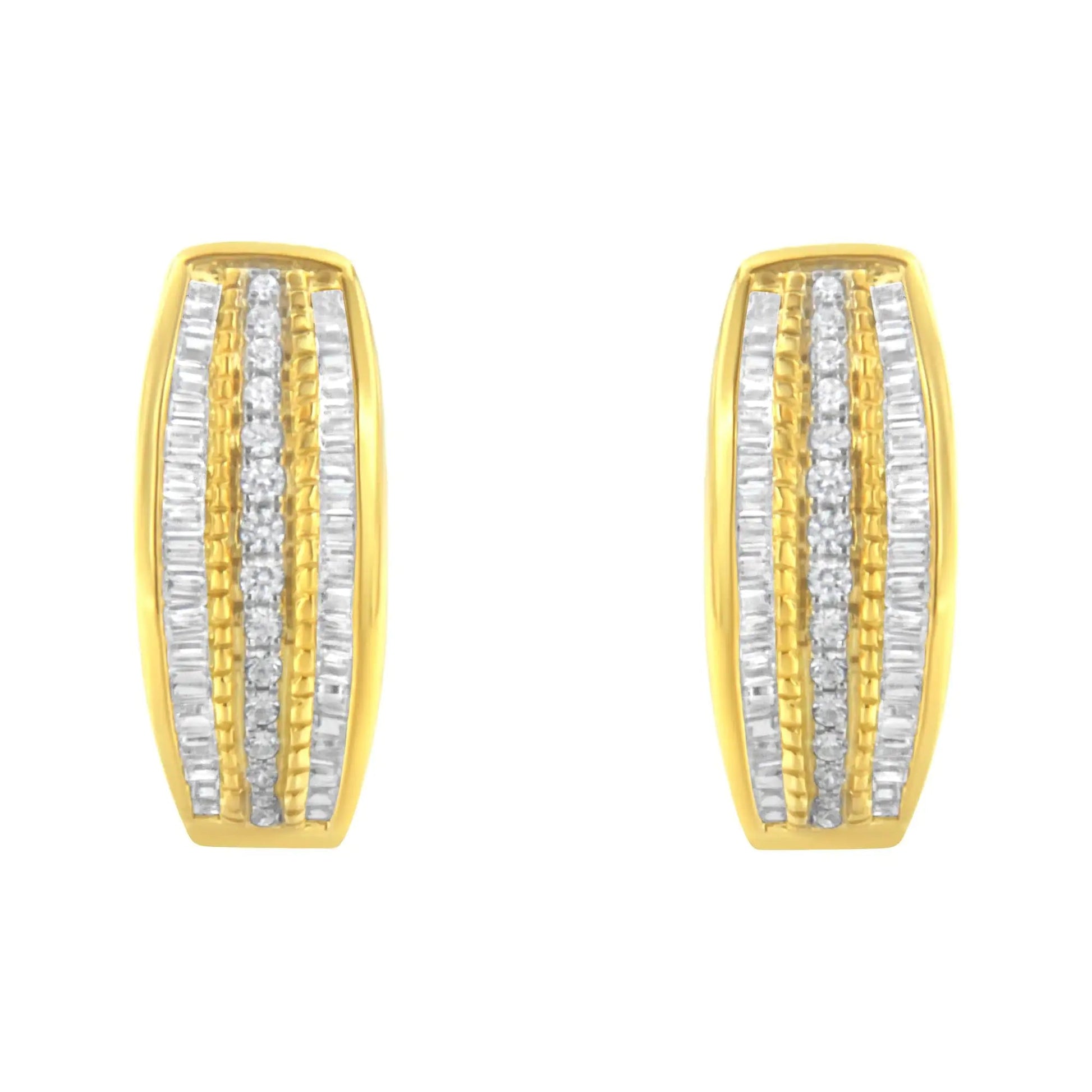 10K Yellow Gold 3/4 Cttw Pave and Channel Set Diamond Triple Row Modern Hoop Earrings (I - J Color, I2 - I3 Clarity) - Jaazi Intl