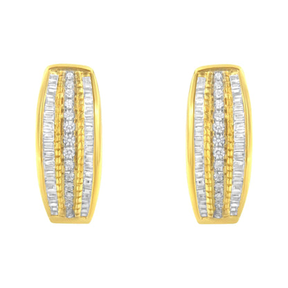 10K Yellow Gold 3/4 Cttw Pave and Channel Set Diamond Triple Row Modern Hoop Earrings (I - J Color, I2 - I3 Clarity) - Jaazi Intl