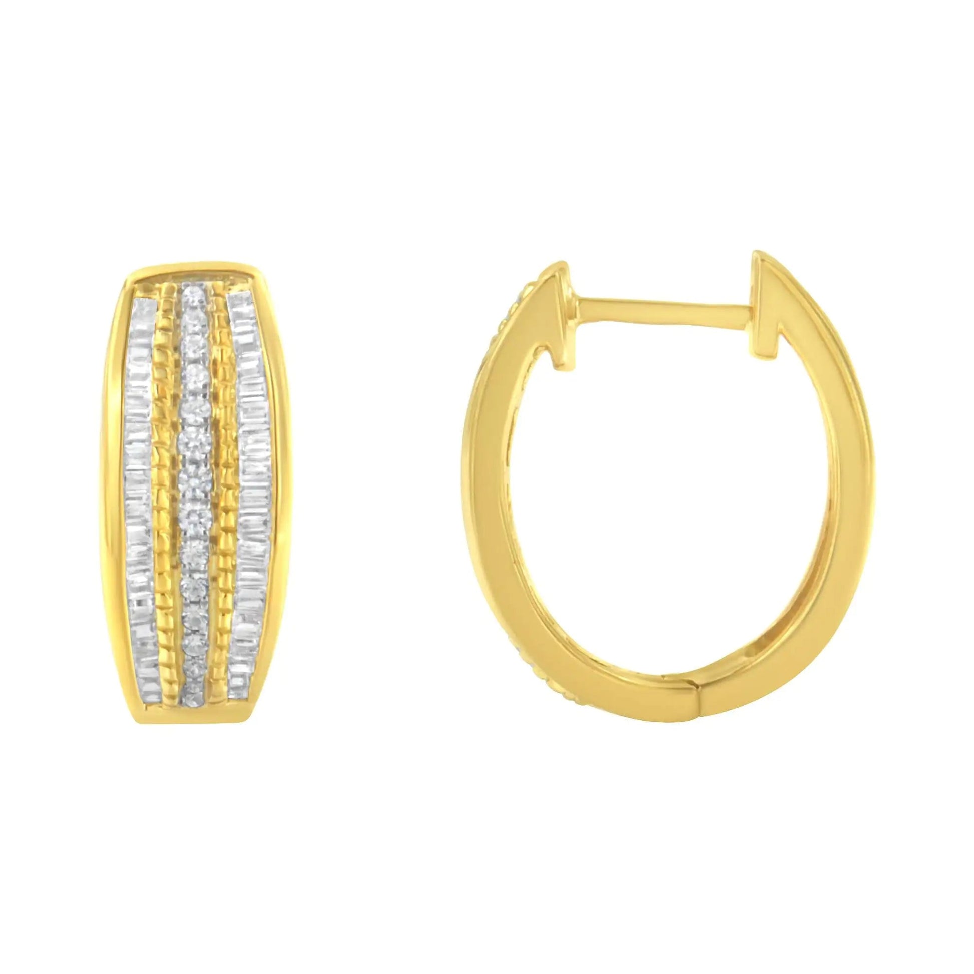 10K Yellow Gold 3/4 Cttw Pave and Channel Set Diamond Triple Row Modern Hoop Earrings (I - J Color, I2 - I3 Clarity) - Jaazi Intl