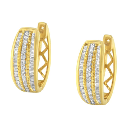 10K Yellow Gold 3/4 Cttw Pave and Channel Set Diamond Triple Row Modern Hoop Earrings (I - J Color, I2 - I3 Clarity) - Jaazi Intl