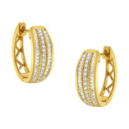 10K Yellow Gold 3/4 Cttw Pave and Channel Set Diamond Triple Row Modern Hoop Earrings (I - J Color, I2 - I3 Clarity) - Jaazi Intl