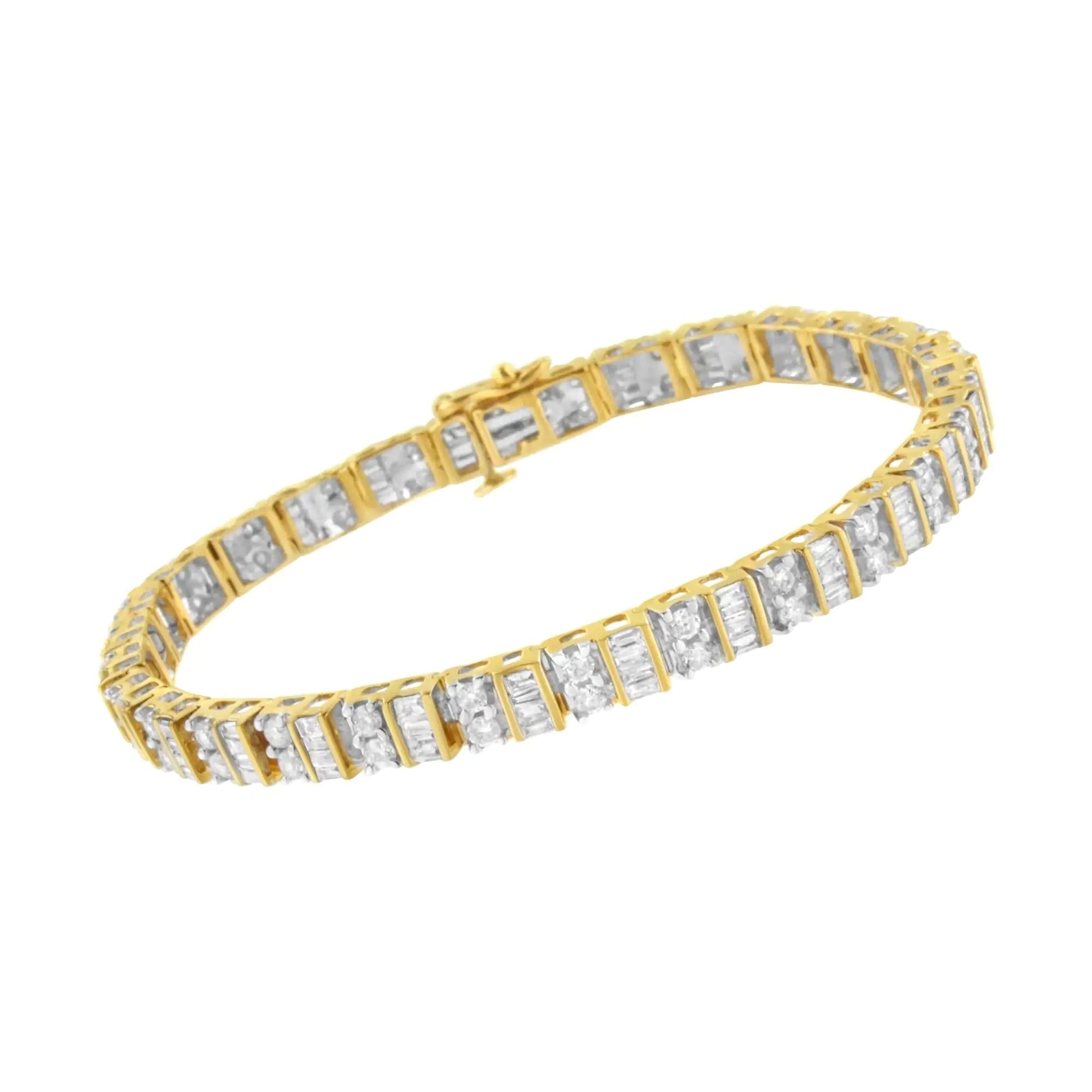 10K Yellow Gold 4.0 Cttw Alternating Baguette & Round Cut Diamond Bezel - & Prong - Set 7" Tennis Bracelet (G - H Color, SI1 - SI2 Clarity) - Jaazi Intl