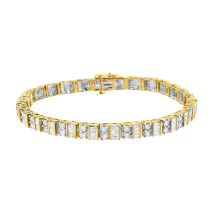 10K Yellow Gold 4.0 Cttw Alternating Baguette & Round Cut Diamond Bezel - & Prong - Set 7" Tennis Bracelet (G - H Color, SI1 - SI2 Clarity) - Jaazi Intl