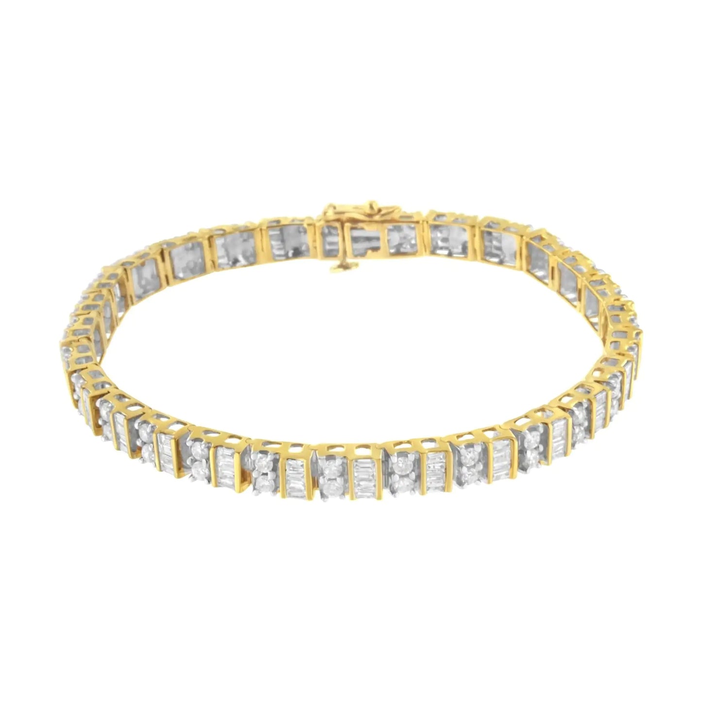 10K Yellow Gold 4.0 Cttw Alternating Baguette & Round Cut Diamond Bezel - & Prong - Set 7" Tennis Bracelet (G - H Color, SI1 - SI2 Clarity) - Jaazi Intl