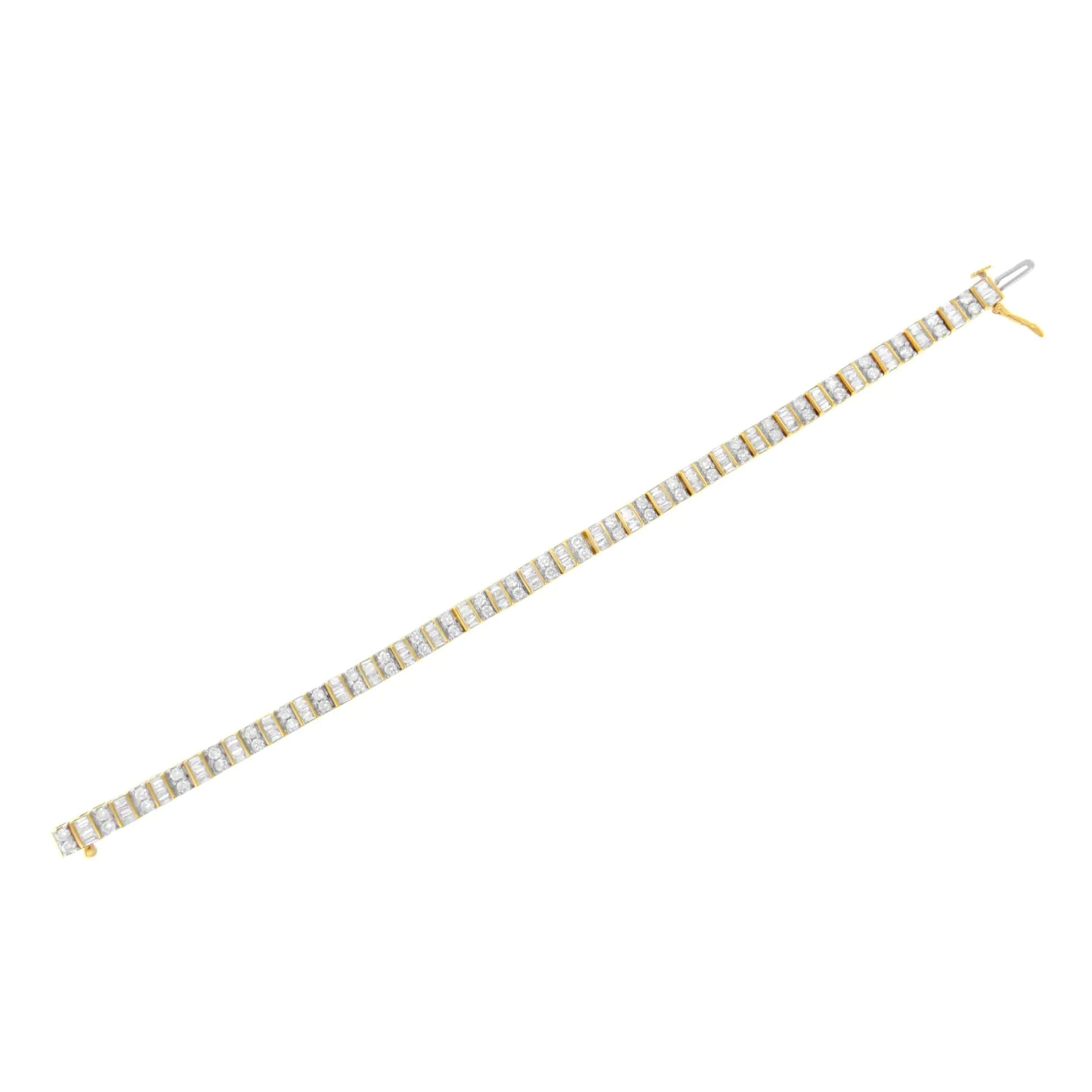 10K Yellow Gold 4.0 Cttw Alternating Baguette & Round Cut Diamond Bezel - & Prong - Set 7" Tennis Bracelet (G - H Color, SI1 - SI2 Clarity) - Jaazi Intl