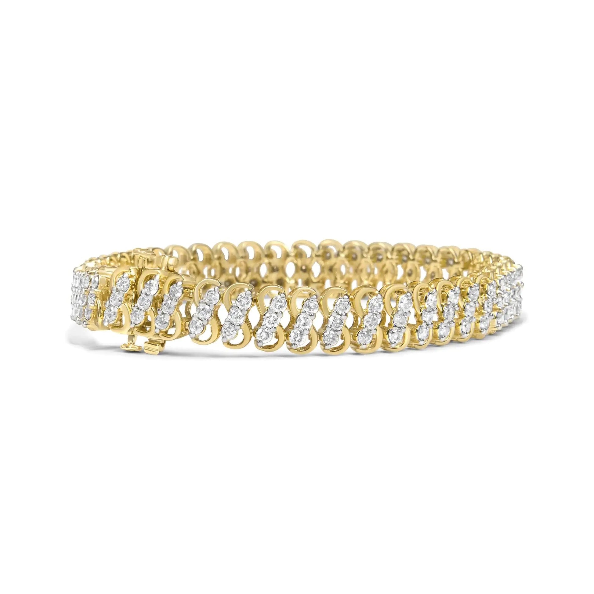 10K Yellow Gold 4.0 Cttw Diamond Triple Row Infinity 7" "S" Link Tennis Bracelet (J - K Color, I2 - I3 Clarity) - Jaazi Intl