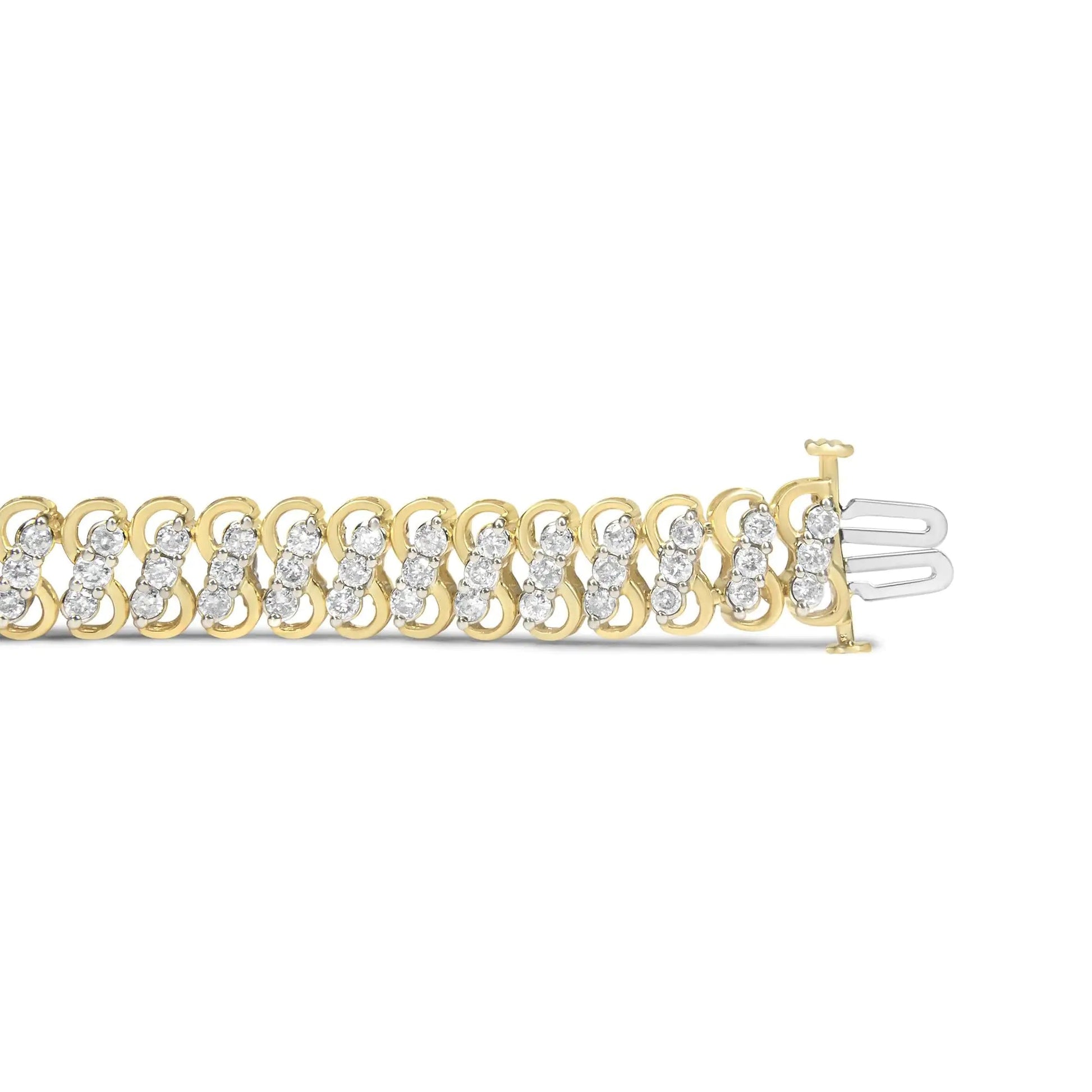 10K Yellow Gold 4.0 Cttw Diamond Triple Row Infinity 7" "S" Link Tennis Bracelet (J - K Color, I2 - I3 Clarity) - Jaazi Intl