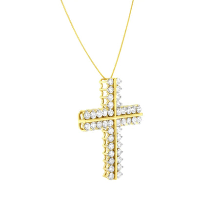 10K Yellow Gold 4.0 Cttw Diamond Two Row Cross 18" Pendant Necklace (J - K Clarity, I1 - I2 Color) - Jaazi Intl