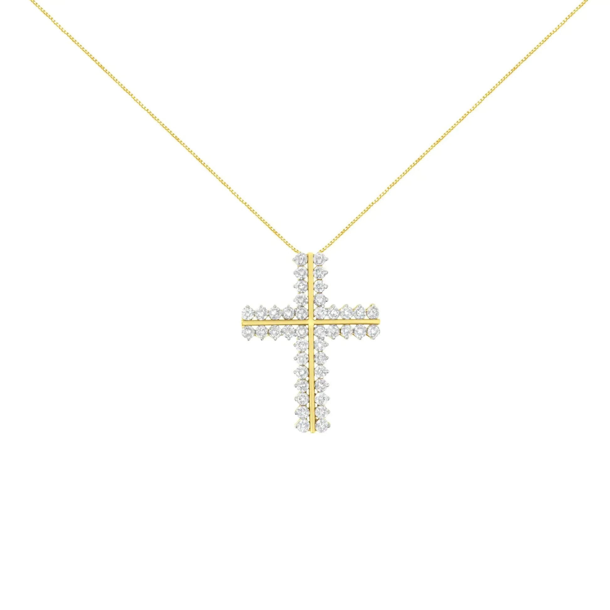 10K Yellow Gold 4.0 Cttw Diamond Two Row Cross 18" Pendant Necklace (J - K Clarity, I1 - I2 Color) - Jaazi Intl