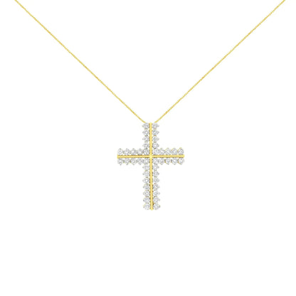 10K Yellow Gold 4.0 Cttw Diamond Two Row Cross 18" Pendant Necklace (J - K Clarity, I1 - I2 Color) - Jaazi Intl