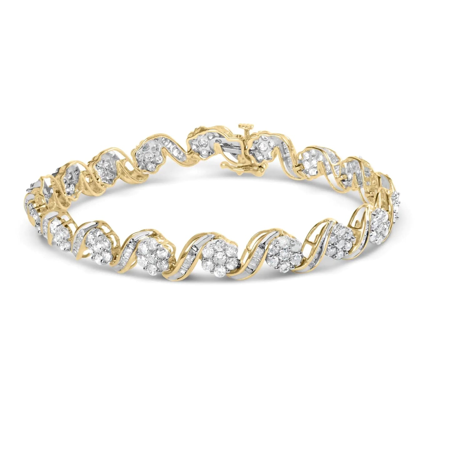 10k Yellow Gold 5.00 Cttw Round - Cut and Baguette - Cut Diamond Floral Link 7.25" Bracelet (I - J Color, I2 - I3 Clarity) - Jaazi Intl