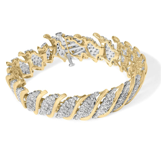 10K Yellow Gold 6.00 Cttw Pave Diamond S - Link Wave Link Bracelet (H - I Color, I2 - I3 Clarity) - 7" - Jaazi International