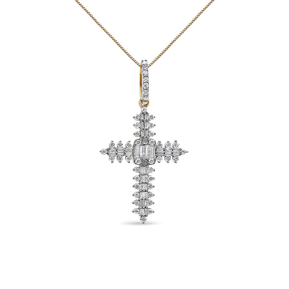 10K Yellow Gold 7/8 Cttw Round & Baguette Diamond Zigzag Pattern Cross Pendant Necklace (H - I Color, SI2 - I1 Clarity) - NO CHAIN INCLUDED - Jaazi Intl