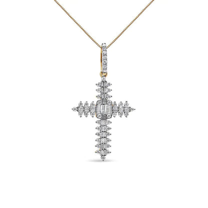 10K Yellow Gold 7/8 Cttw Round & Baguette Diamond Zigzag Pattern Cross Pendant Necklace (H - I Color, SI2 - I1 Clarity) - NO CHAIN INCLUDED - Jaazi Intl