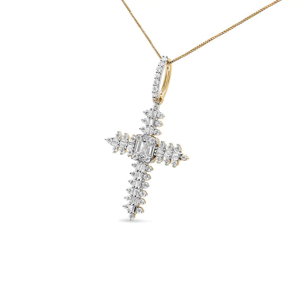 10K Yellow Gold 7/8 Cttw Round & Baguette Diamond Zigzag Pattern Cross Pendant Necklace (H - I Color, SI2 - I1 Clarity) - NO CHAIN INCLUDED - Jaazi Intl